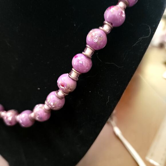 Vintage 24 Inch Purple Beaded Necklace Hand Painted Floral Accents 1980s Jewelry - Picture 2 of 10